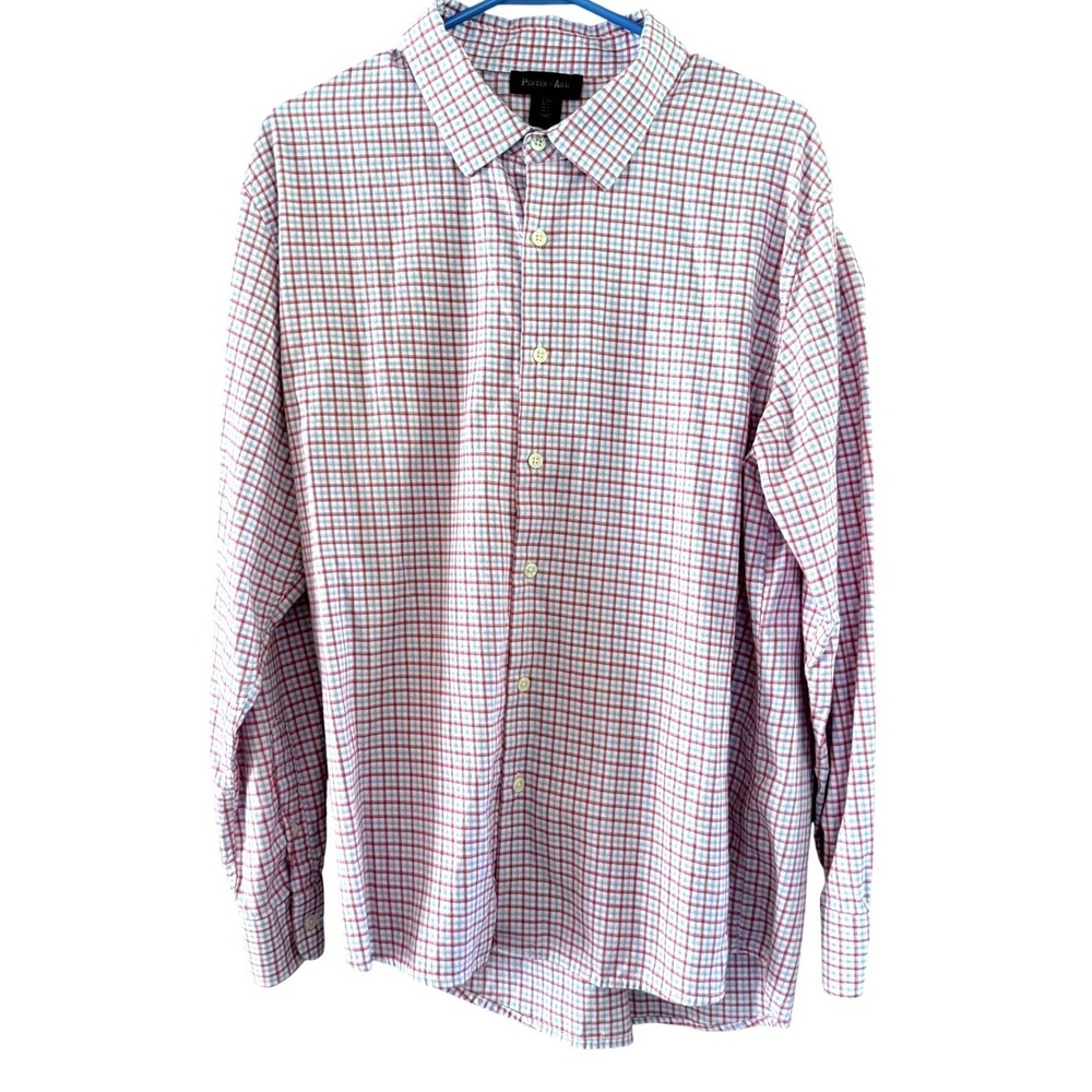 Porter & Ash Stretch Shirt Mens Large Red Blue Plaid Button Front Casual